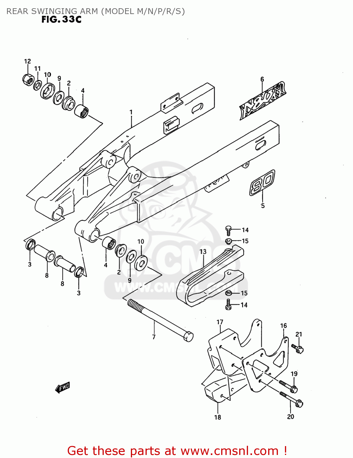 REAR SWINGING ARM (MODEL M/N/P/R/S) RM80 1990 (L) USA (E03)