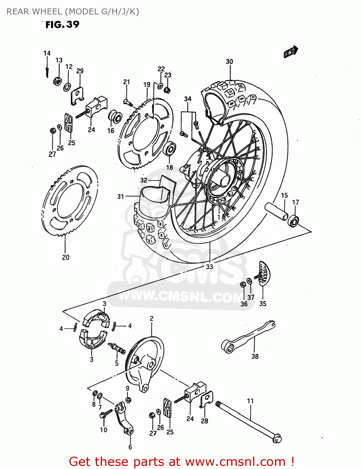 REAR WHEEL (MODEL G/H/J/K) RM80 1990 (L) USA (E03)