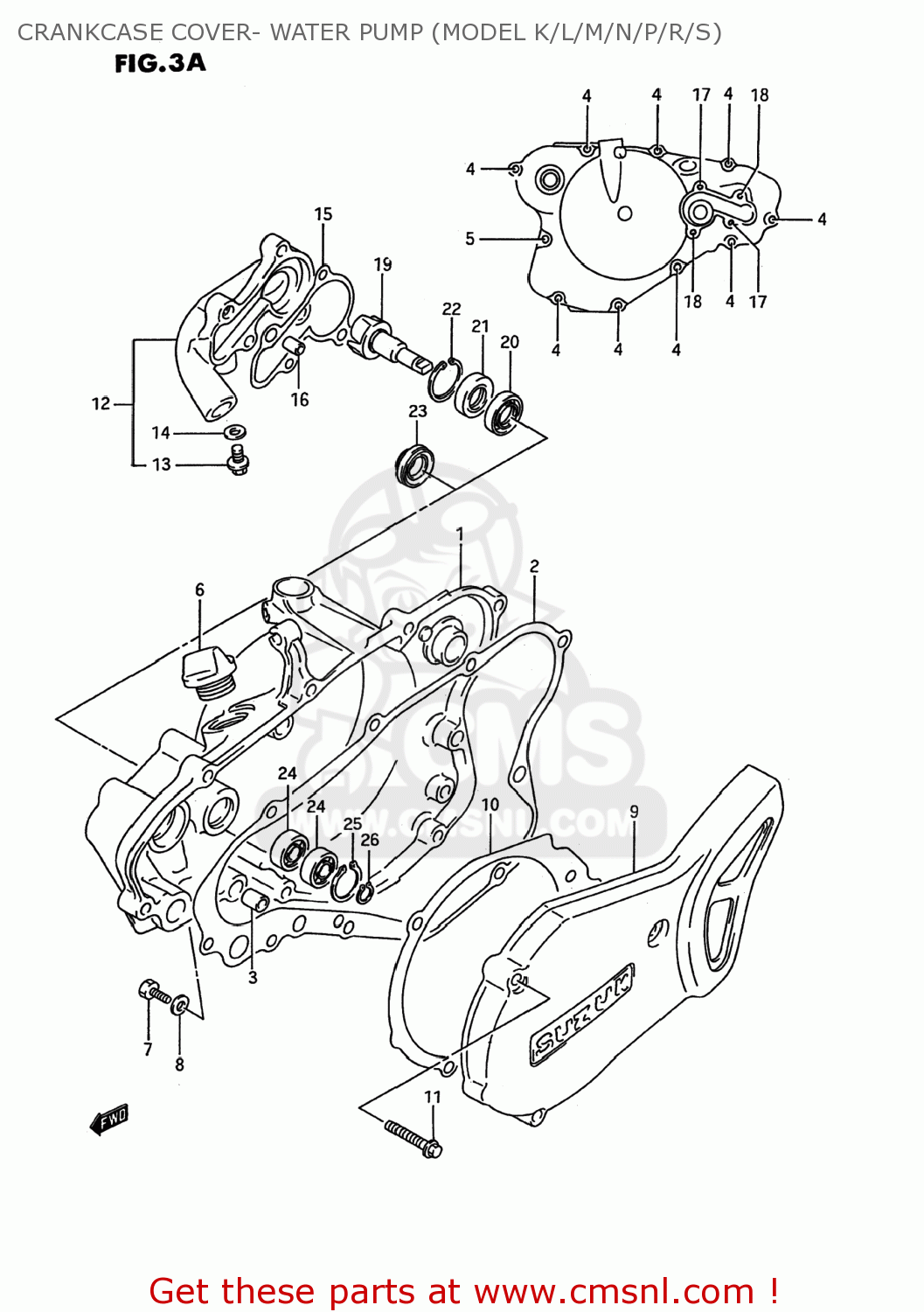 CRANKCASE COVER- WATER PUMP (MODEL K/L/M/N/P/R/S) RM80 1993 (P) USA (E03)