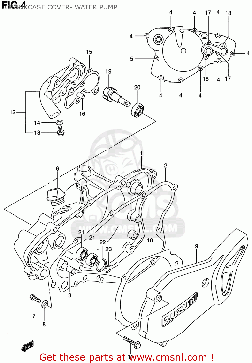 CRANKCASE COVER- WATER PUMP RM80 2000 (Y) USA (E03)