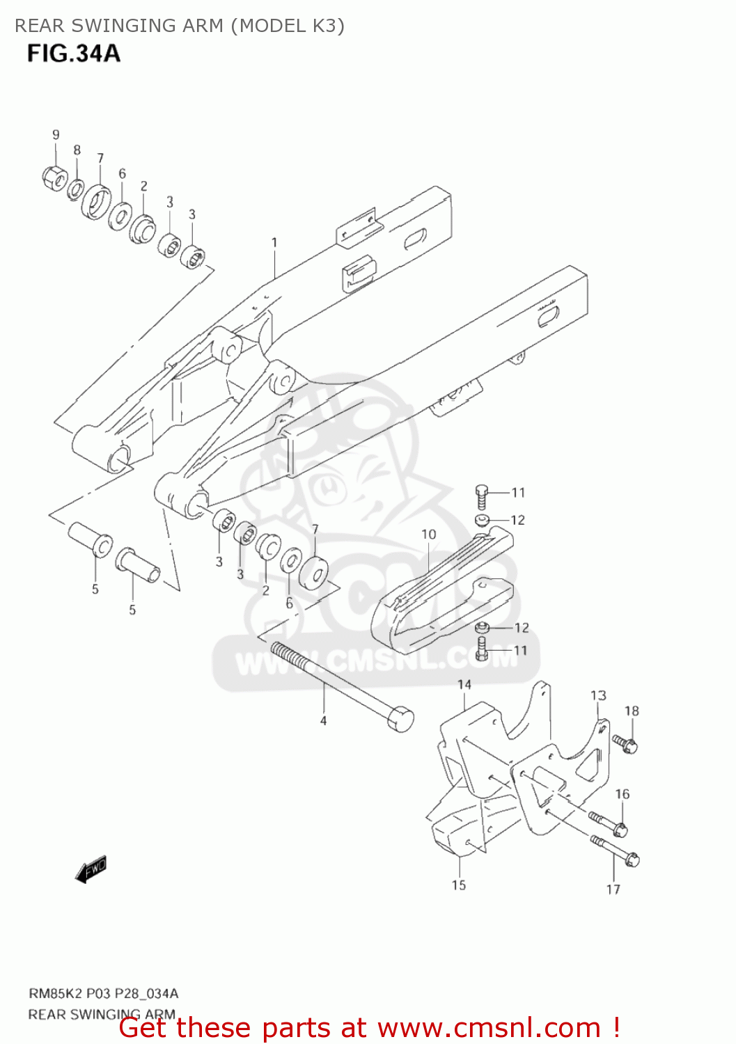 REAR SWINGING ARM (MODEL K3) RM85 2004 (K4) USA (E03)