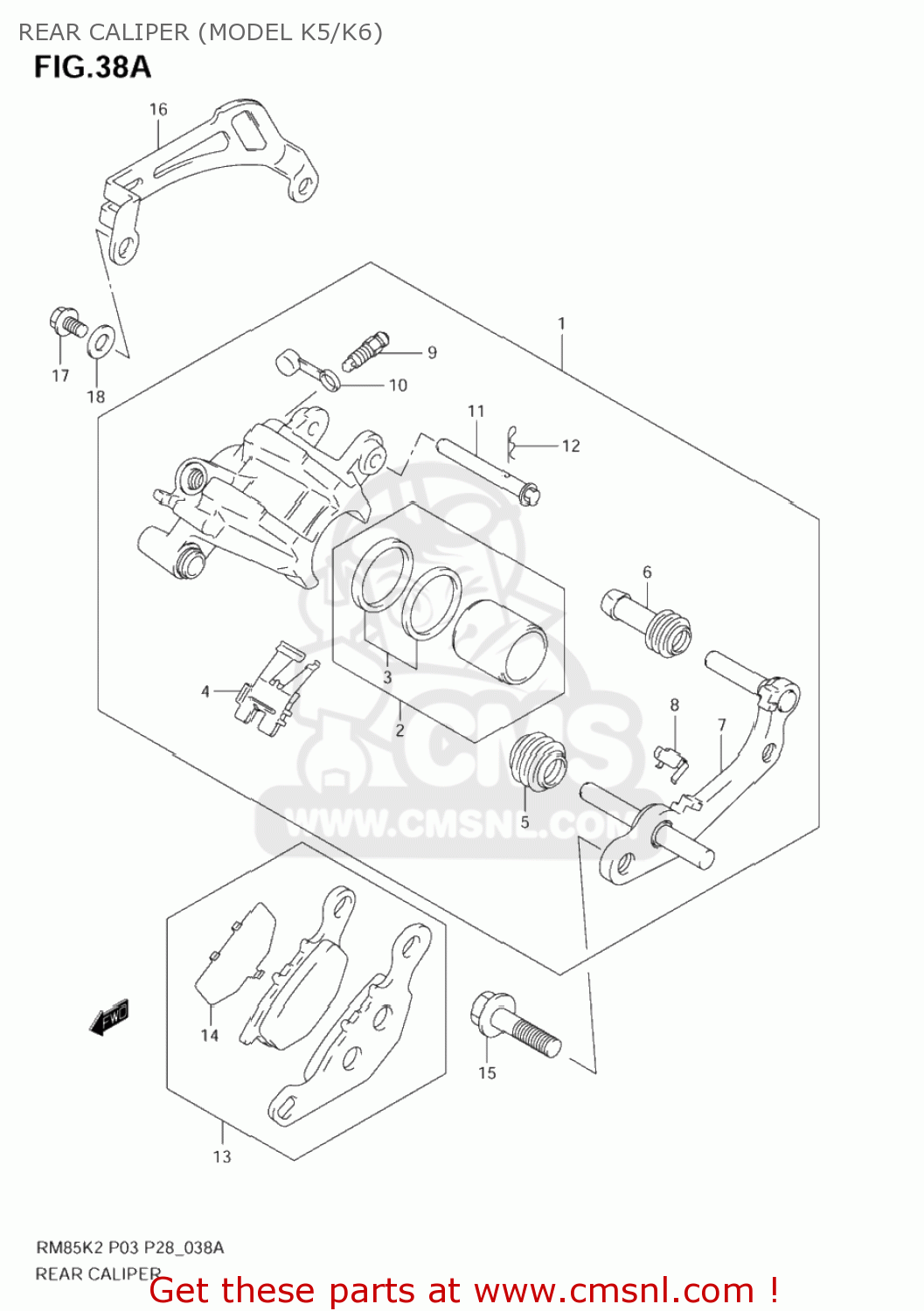 REAR CALIPER (MODEL K5/K6) RM85 2005 (K5) USA (E03)