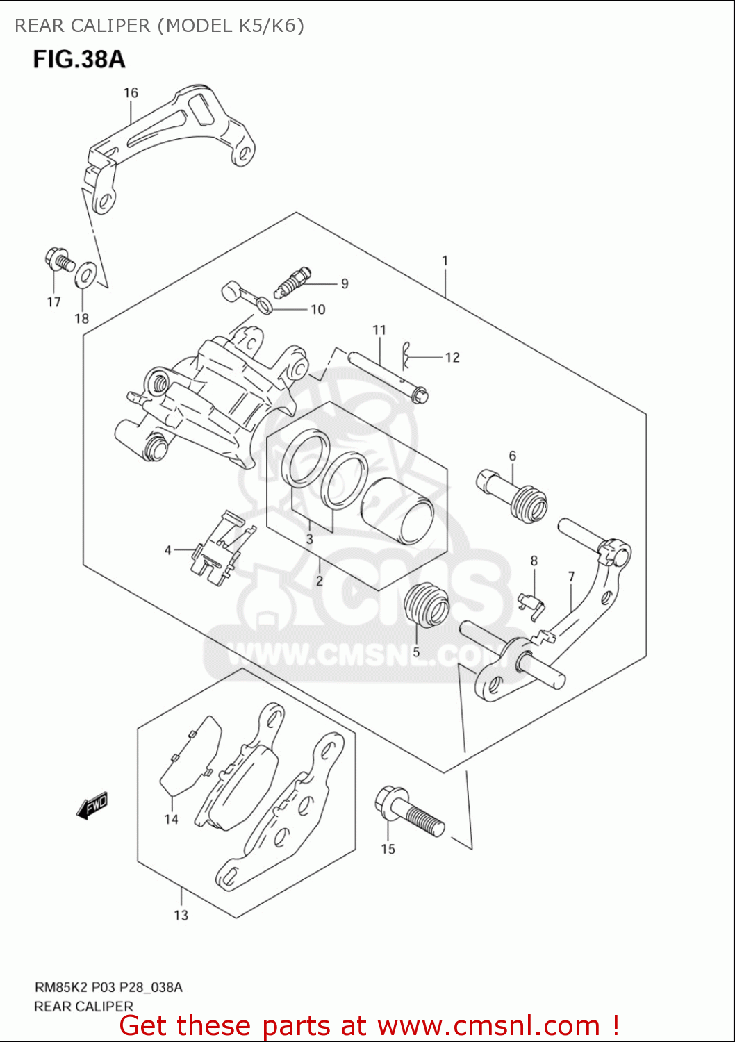 REAR CALIPER (MODEL K5/K6) RM85L 2002 2003 2004 2005 '06 (K2) (K3) (K4) (K5) (K6) USA (E03)