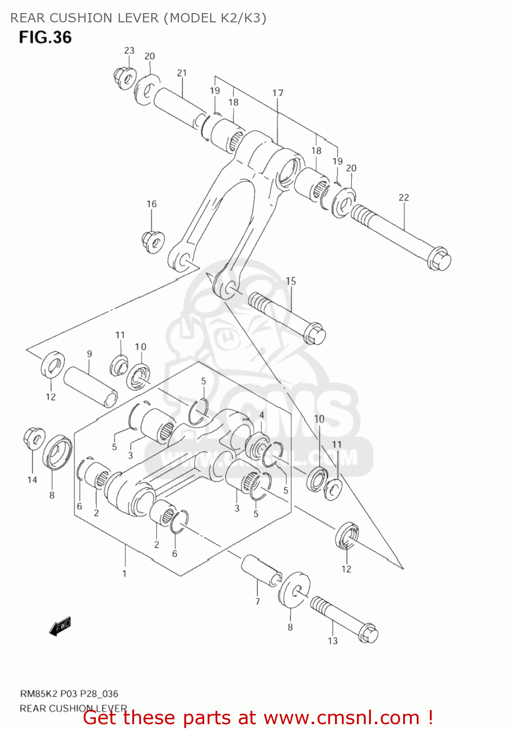 REAR CUSHION LEVER (MODEL K2/K3) RM85L 2004 (K4) USA (E03)