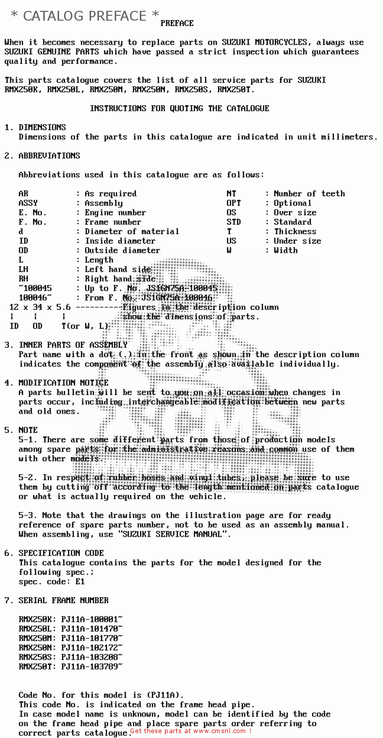 * CATALOG PREFACE * RMX250 1989 (K) GENERAL (E01)