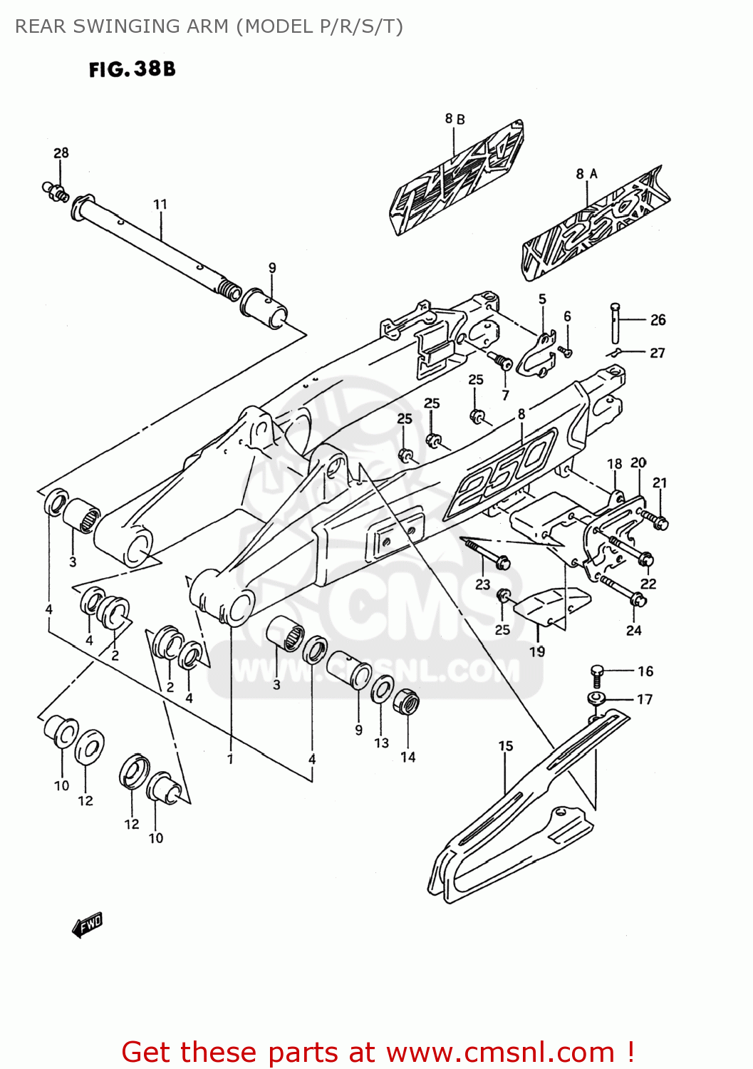 REAR SWINGING ARM (MODEL P/R/S/T) RMX250 1996 (T) USA (E03)