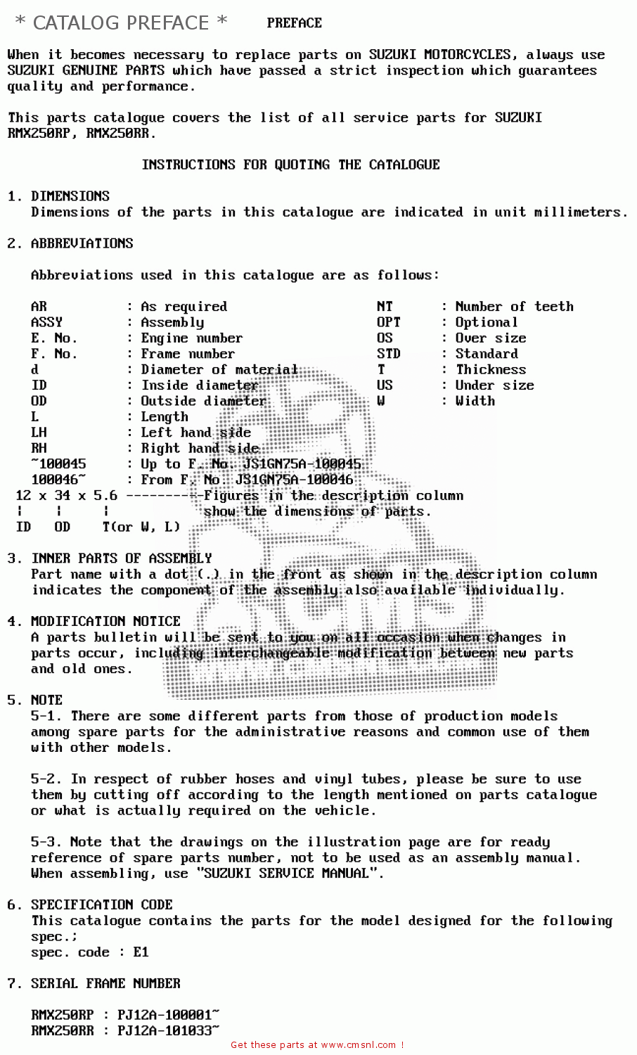 * CATALOG PREFACE * RMX250R 1993 (P) GENERAL (E01)