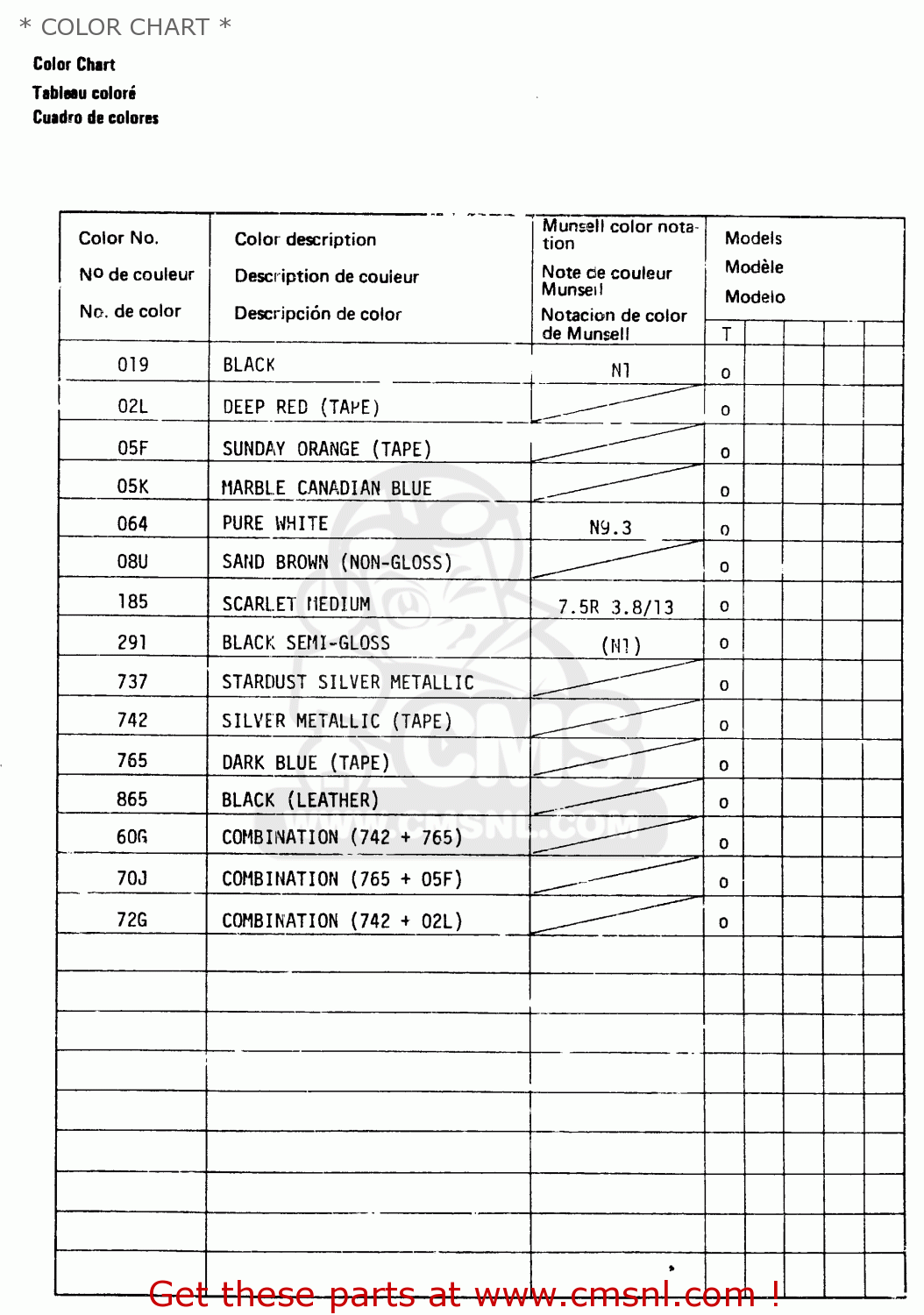 * COLOR CHART * SP400 1980 (T) (01 02 04 E06 E15 E16 E17 E21 E24 E25 E30 E34 E39