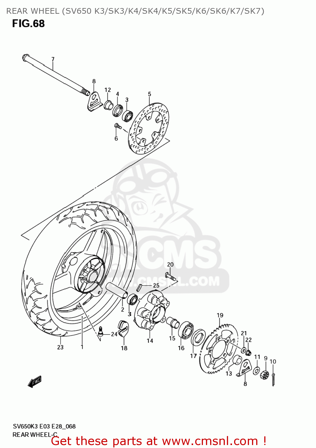 REAR WHEEL (SV650 K3/SK3/K4/SK4/K5/SK5/K6/SK6/K7/SK7) SV650S 2004 (K4) USA (E03)