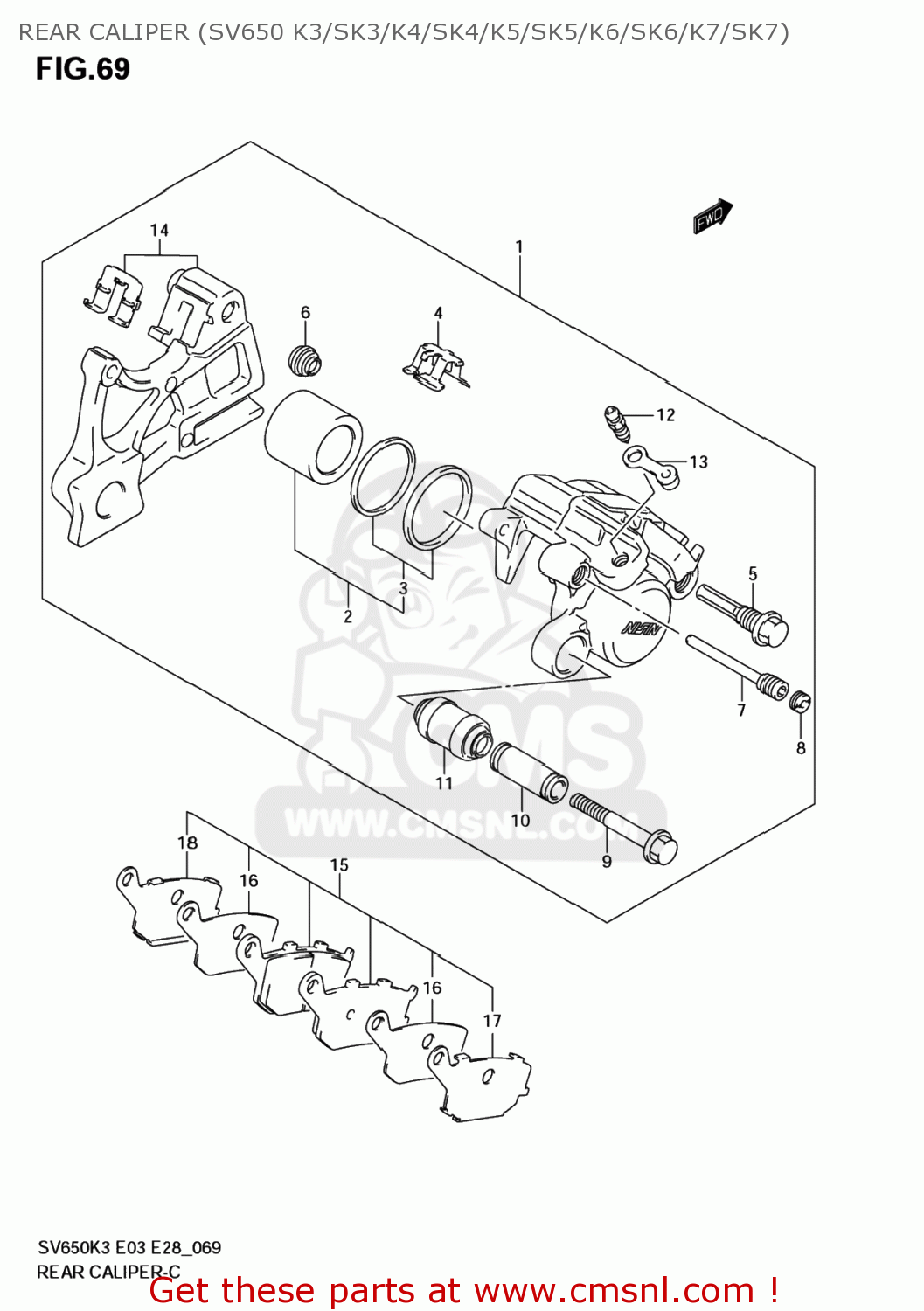 REAR CALIPER (SV650 K3/SK3/K4/SK4/K5/SK5/K6/SK6/K7/SK7) SV650S 2005 (K5) USA (E03)