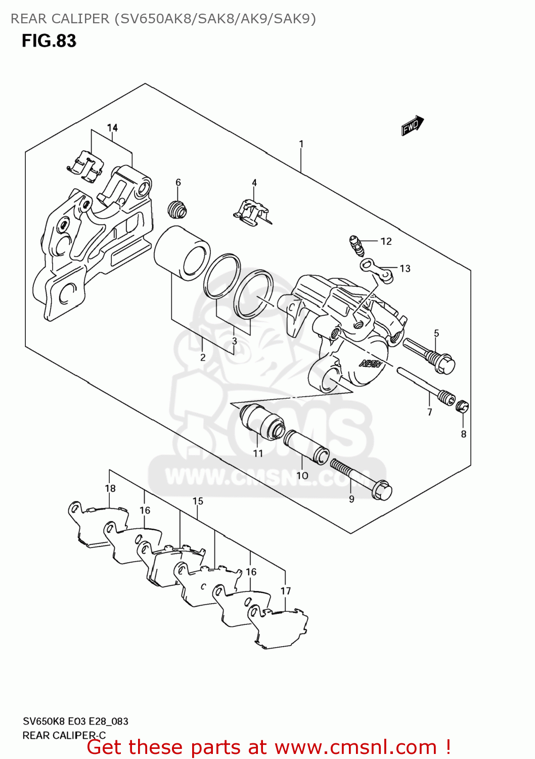REAR CALIPER (SV650AK8/SAK8/AK9/SAK9) SV650S 2008 (K8) USA (E03)