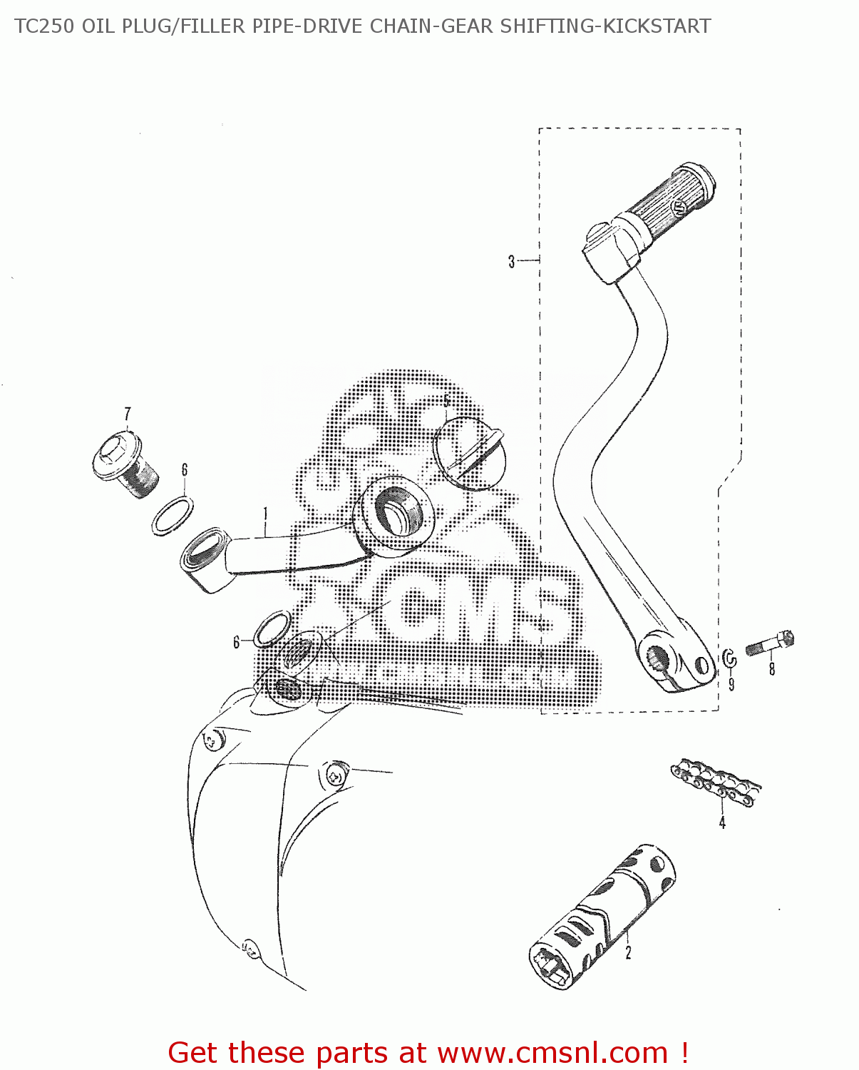 TC250 OIL PLUG/FILLER PIPE-DRIVE CHAIN-GEAR SHIFTING-KICKSTART T20 TC250 SCRAMBLER 1965-1969 GENERAL EXPORT