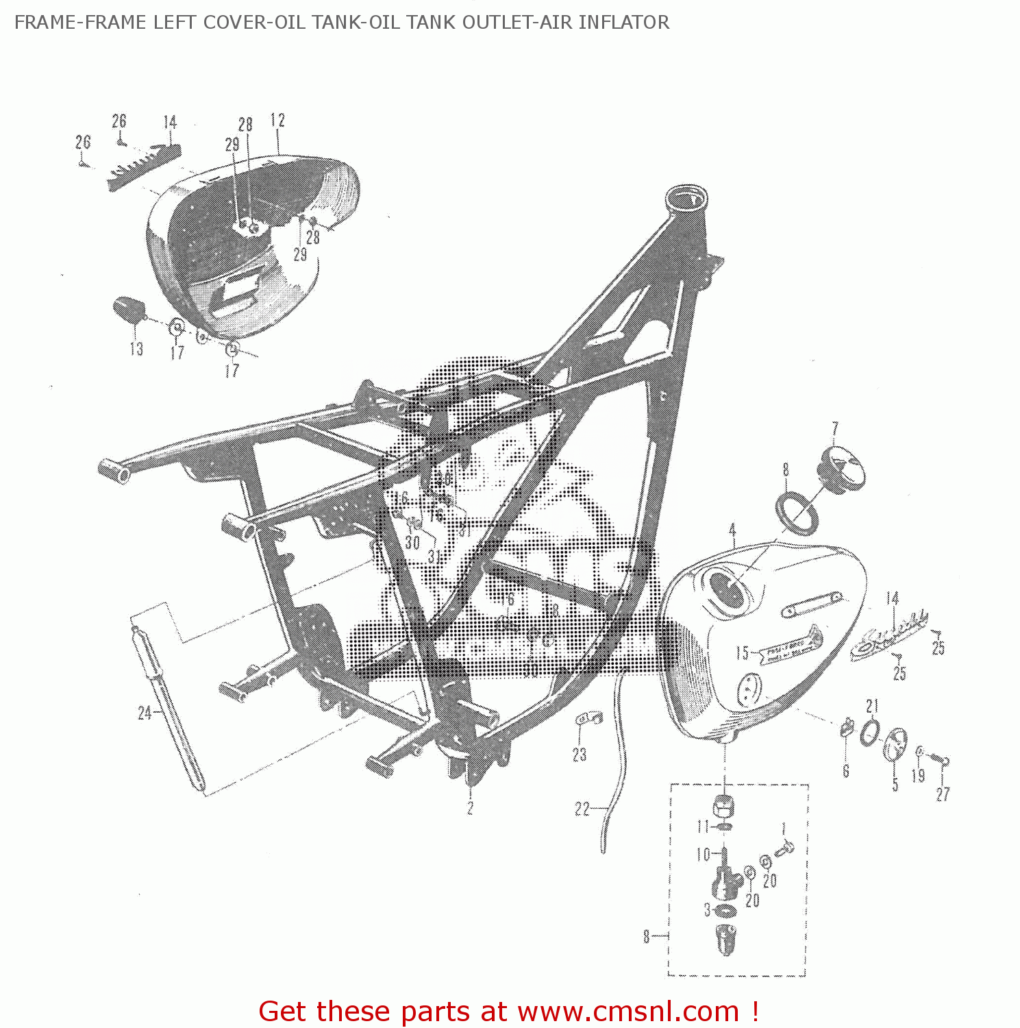FRAME-FRAME LEFT COVER-OIL TANK-OIL TANK OUTLET-AIR INFLATOR T20 TC250 SCRAMBLER 1965-1969 GENERAL EXPORT