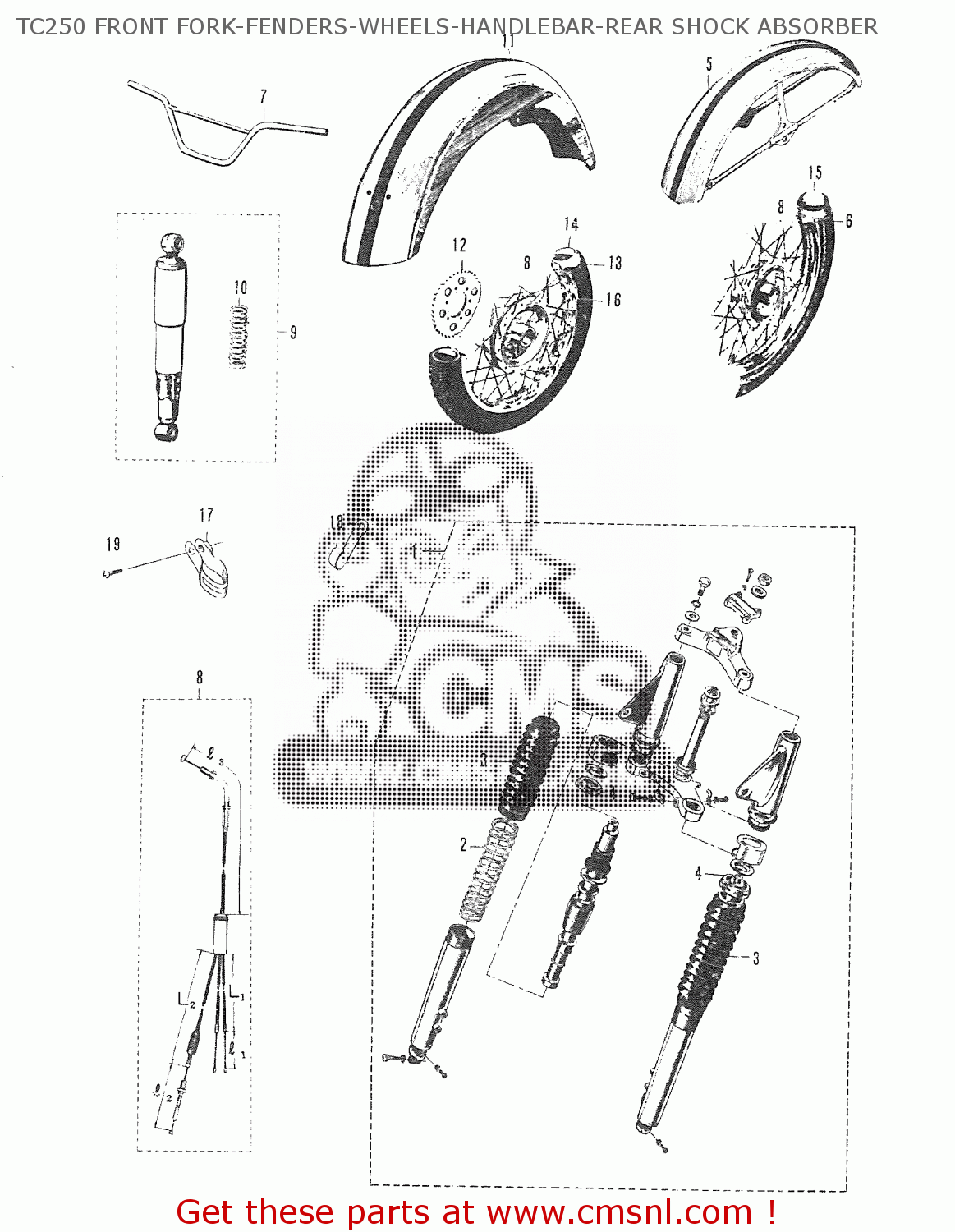 TC250 FRONT FORK-FENDERS-WHEELS-HANDLEBAR-REAR SHOCK ABSORBER T20 TC250 SCRAMBLER 1965-1969 GENERAL EXPORT