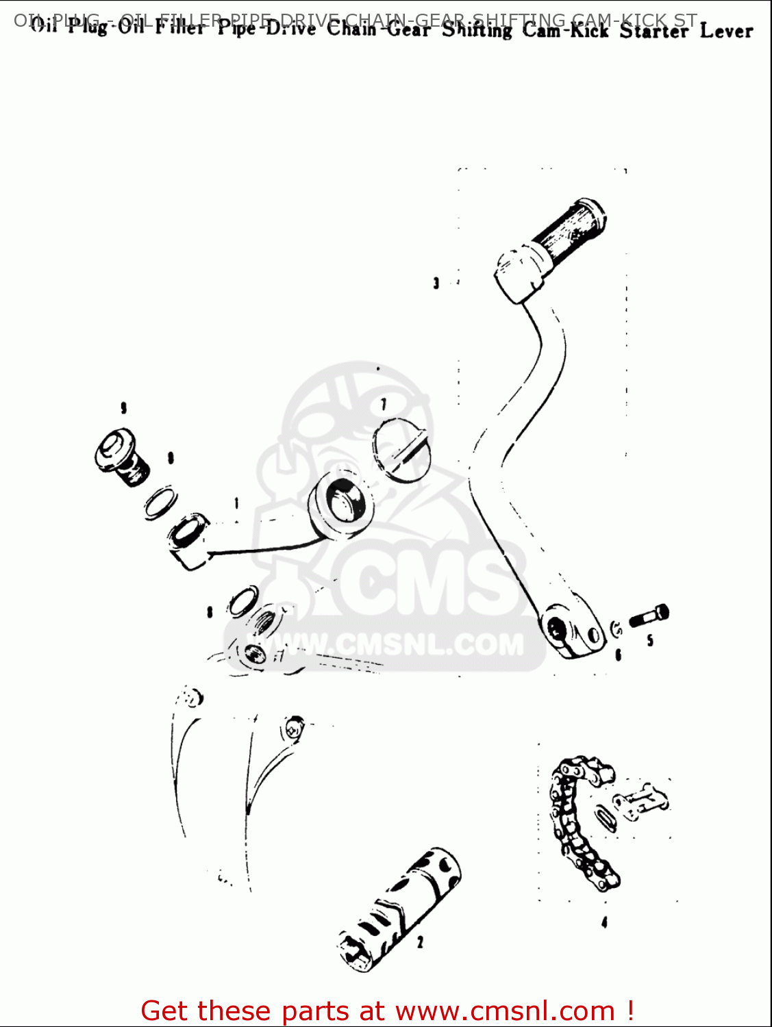 OIL PLUG - OIL FILLER PIPE-DRIVE CHAIN-GEAR SHIFTING CAM-KICK ST T20 TC250 SCRAMBLER 1969 USA (E03)