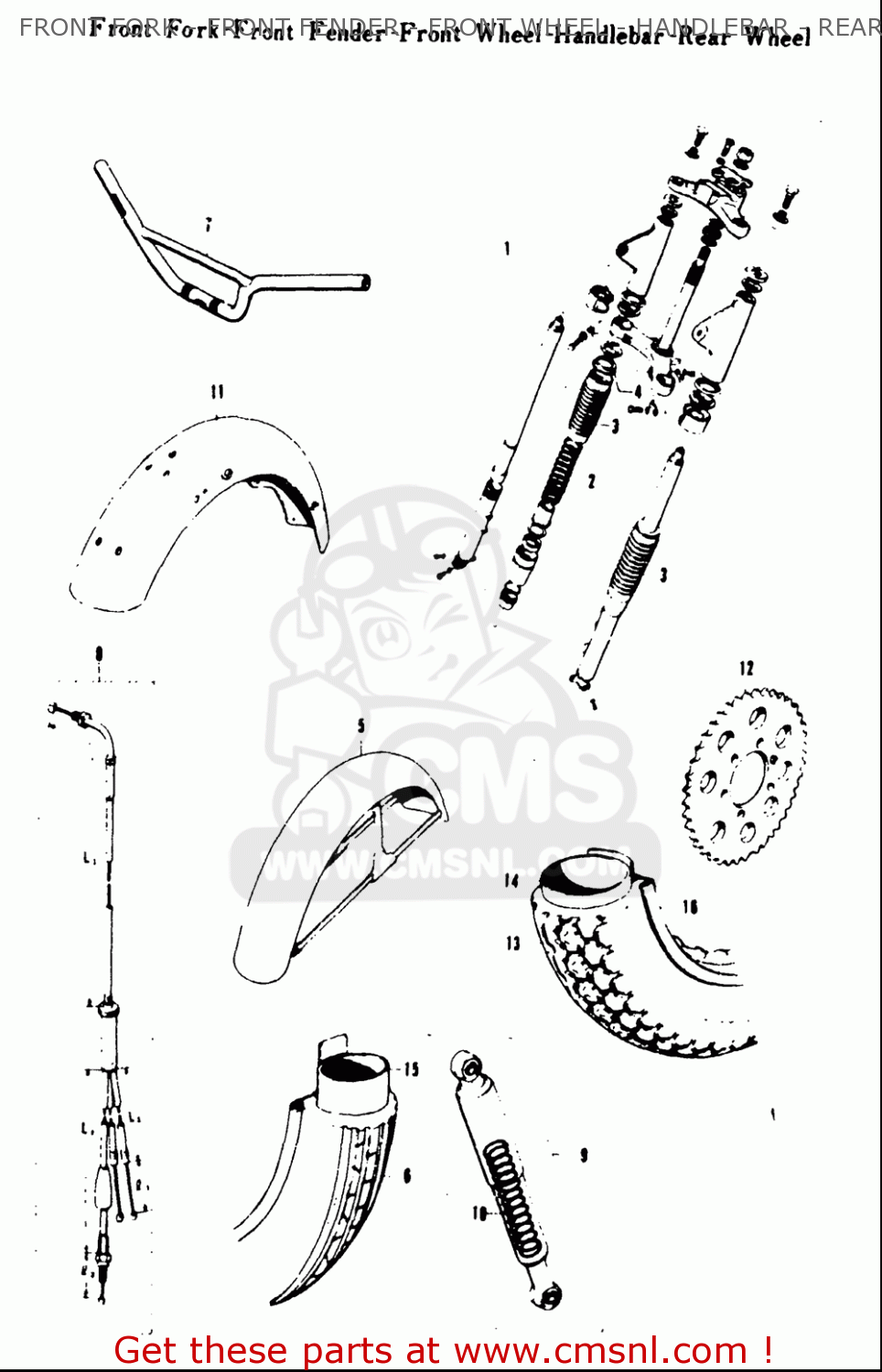 FRONT FORK - FRONT FENDER - FRONT WHEEL - HANDLEBAR - REAR WHEEL T20 TC250 SCRAMBLER 1969 USA (E03)