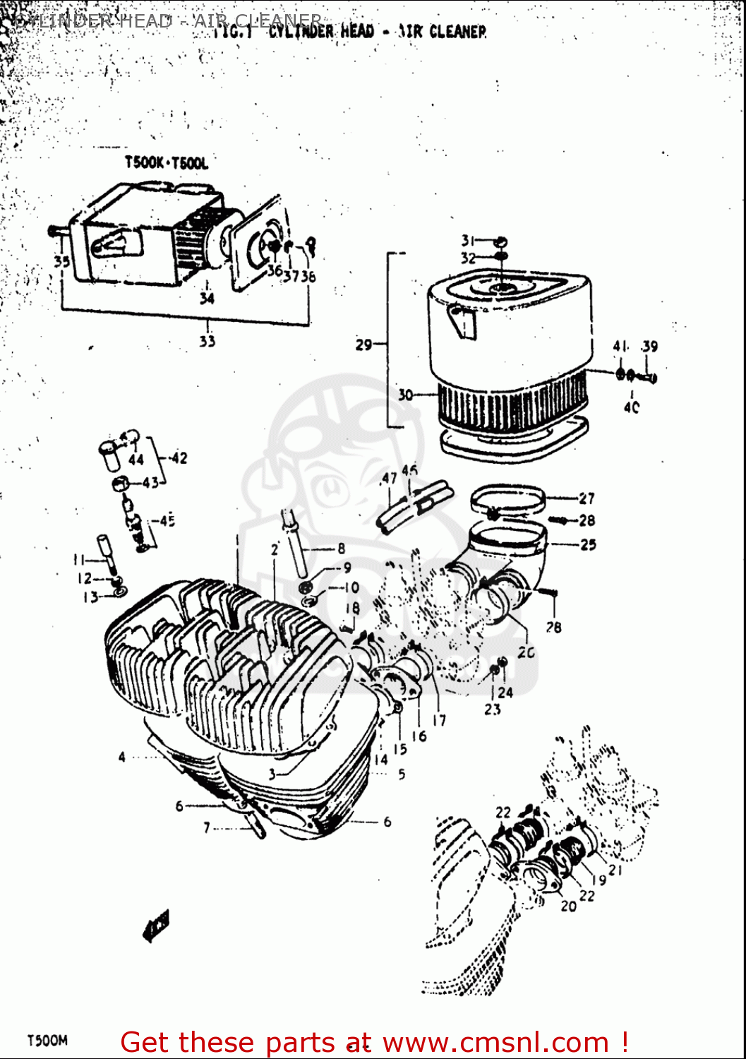 CYLINDER HEAD - AIR CLEANER T500 1971 1972 1973 1974 1975 (R) (J) (K) (L) (M) USA (E03)