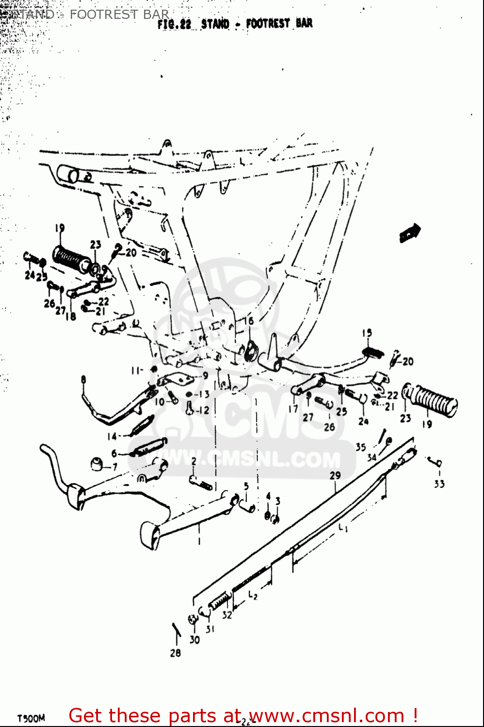 STAND - FOOTREST BAR T500 1971 1972 1973 1974 1975 (R) (J) (K) (L) (M) USA (E03)