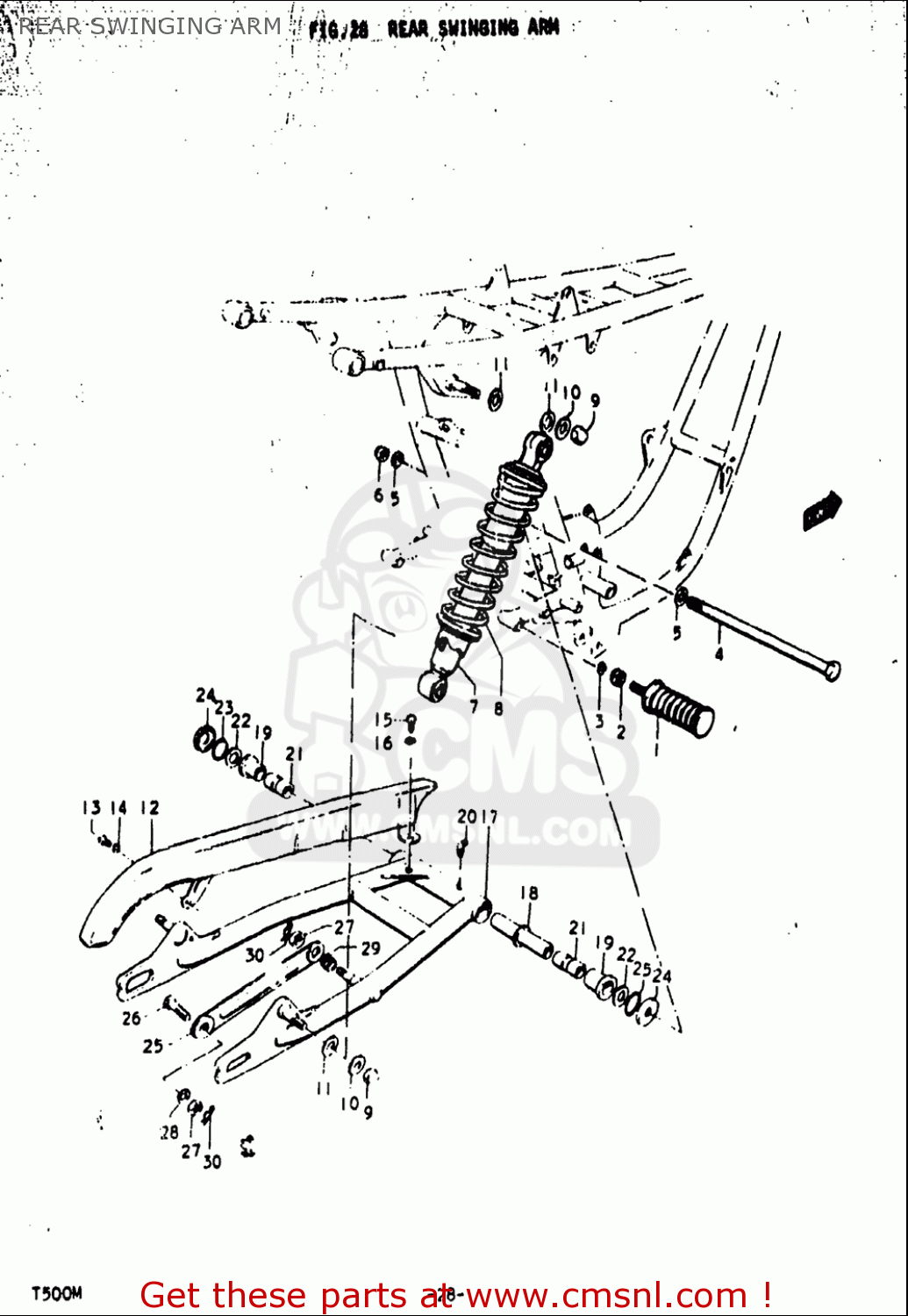 REAR SWINGING ARM T500 1971 1972 1973 1974 1975 (R) (J) (K) (L) (M) USA (E03)