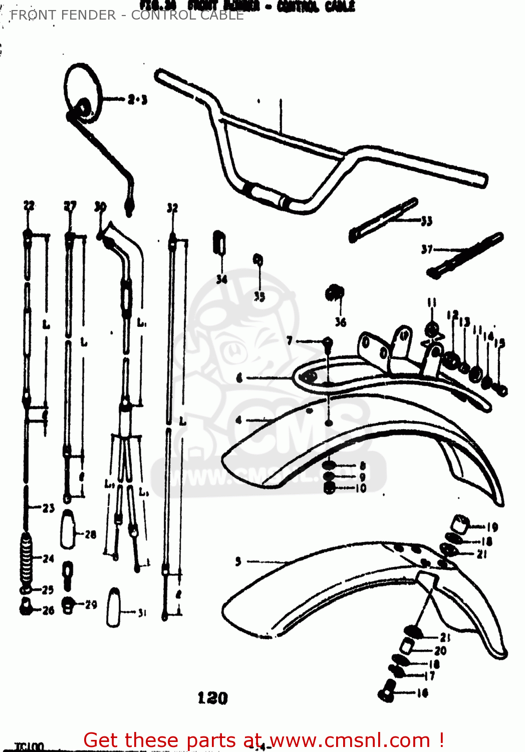 FRONT FENDER - CONTROL CABLE TC100 1975 (M) USA (E03)