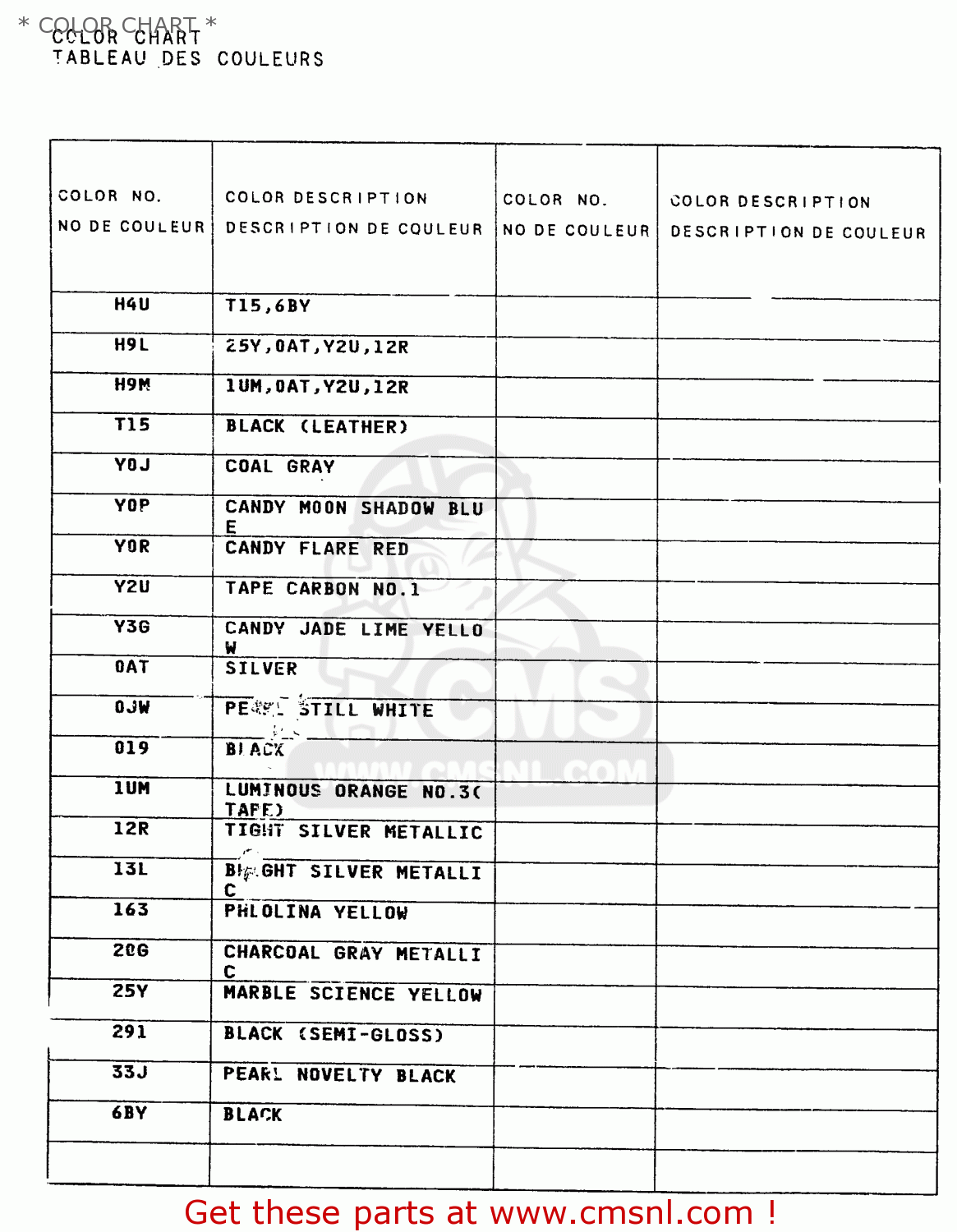 * COLOR CHART * TR50S 1998 (W) (E02 E04 E22 E26 E34 E53)