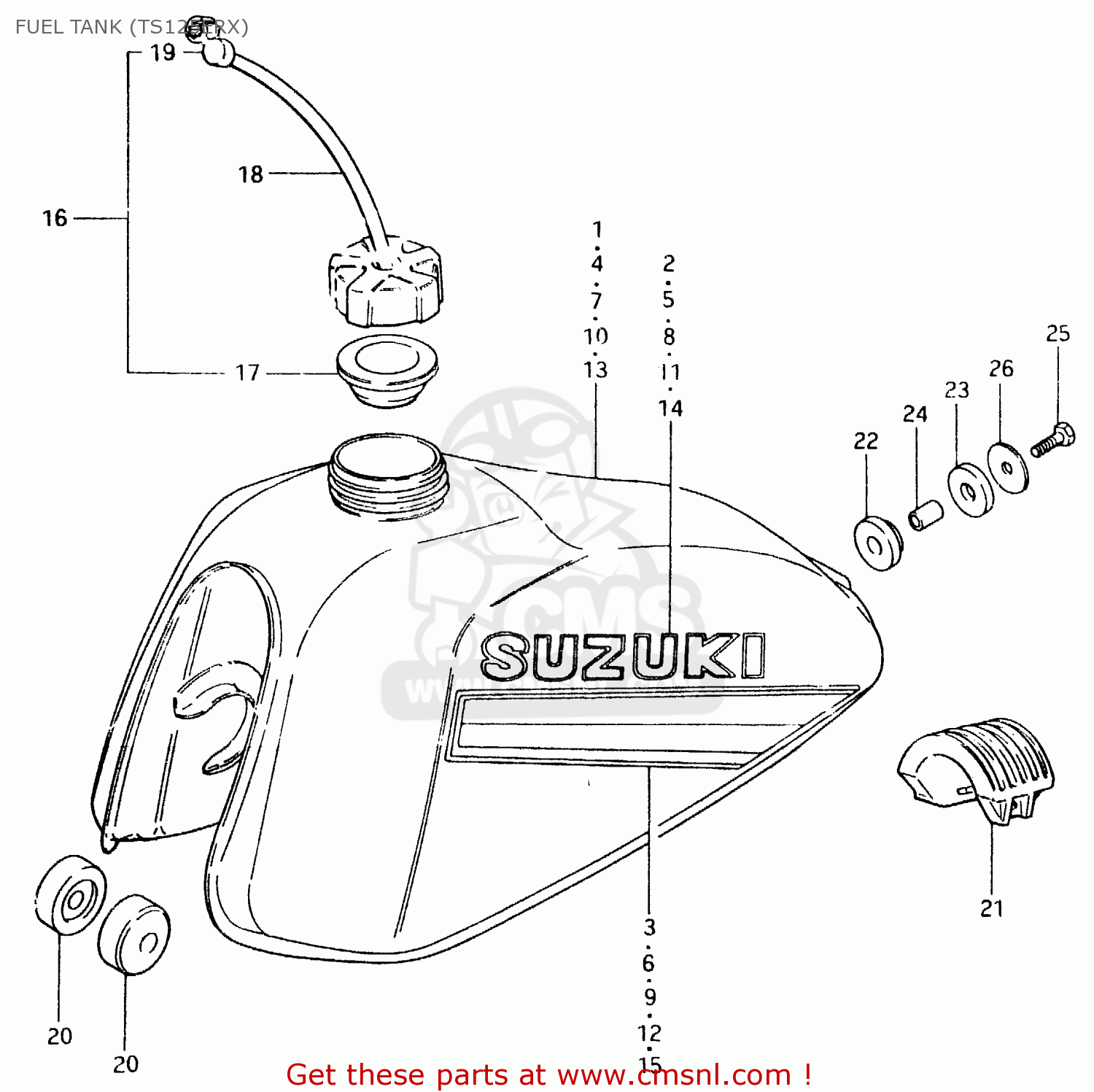 FUEL TANK (TS125ERX) TS125ER 1980 (T) (1 2 E4 E9 E15 E17 E18 E21 E22 E24 E25 E26 E30)