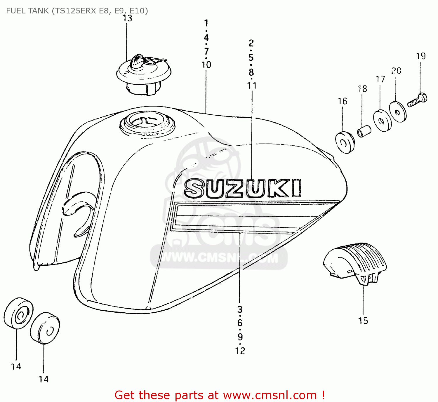 FUEL TANK (TS125ERX E8, E9, E10) TS125ER 1980 (T) (1 2 E4 E9 E15 E17 E18 E21 E22 E24 E25 E26 E30)