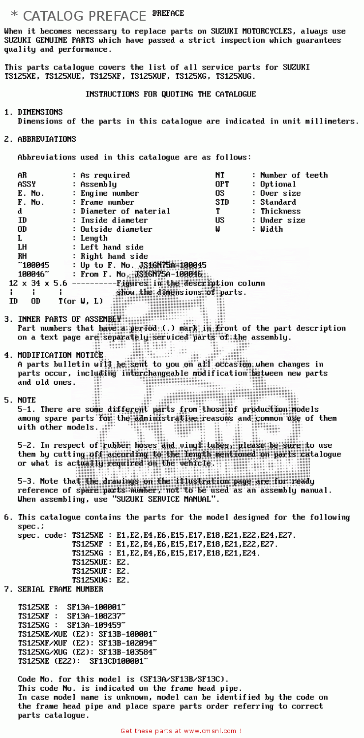 * CATALOG PREFACE * TS125XU 1985 (F) UNITED KINGDOM (E02)