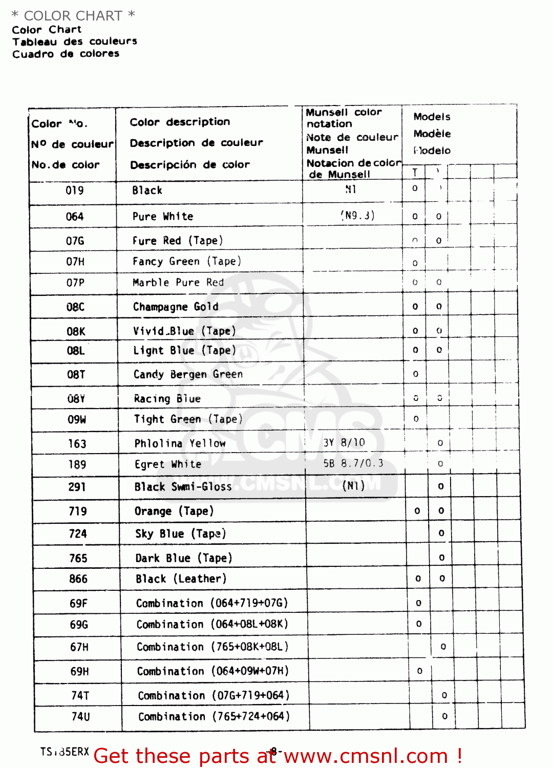* COLOR CHART * TS185ER 1980 (T) (01 02 04 09 15 E17 E18 E21 E22 E24 E25 E26 E30