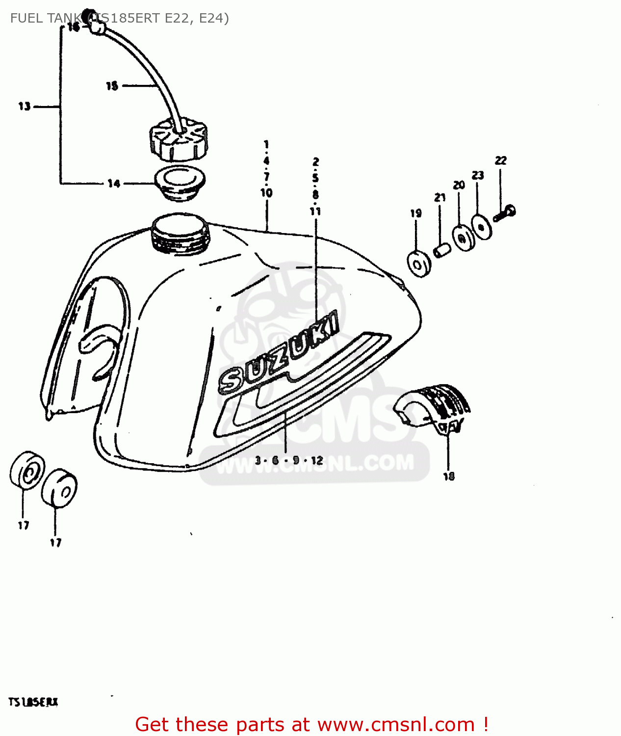 FUEL TANK (TS185ERT E22, E24) TS185ER 1980 (T) (01 02 04 09 15 E17 E18 E21 E22 E24 E25 E26 E30