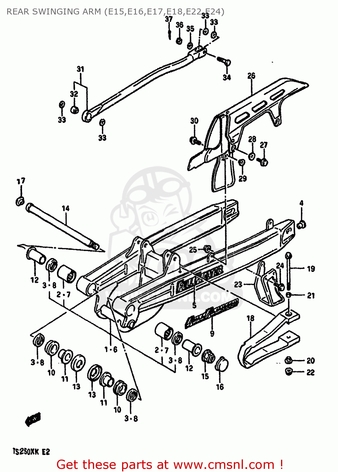 REAR SWINGING ARM (E15,E16,E17,E18,E22,E24) TS250X 1988 (J) (E02 E15 E16 E17 E21 E22 E24)