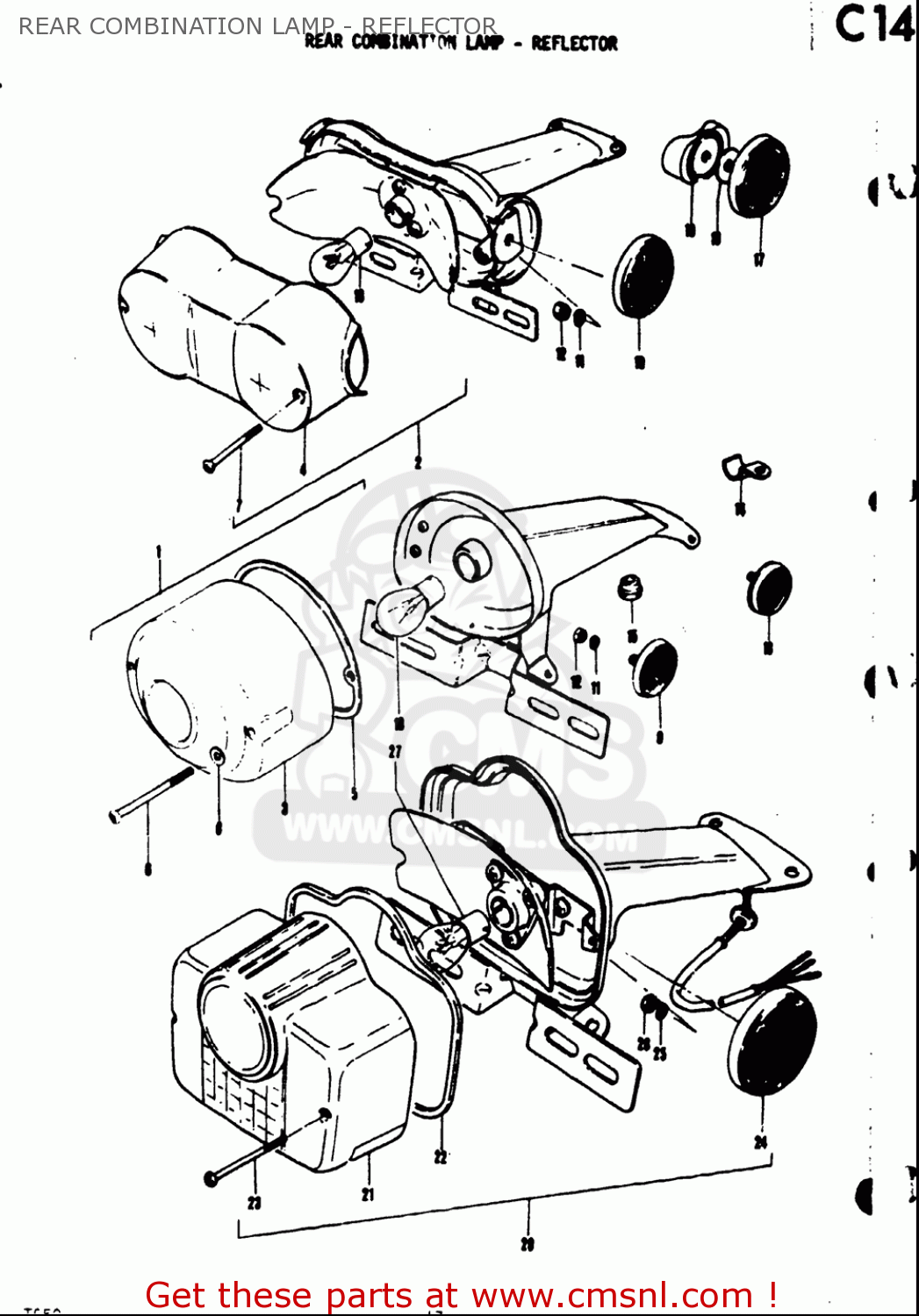 REAR COMBINATION LAMP - REFLECTOR TS50 1971 1972 1973 1974 (R) (J) (K) (L) USA (E03)
