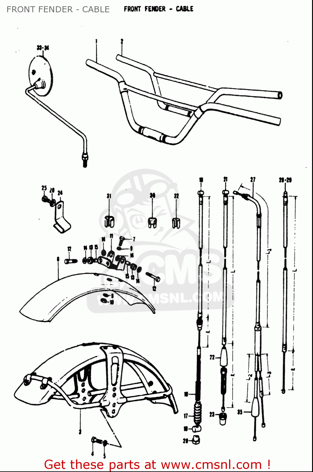FRONT FENDER - CABLE TS50 1971 1972 1973 1974 (R) (J) (K) (L) USA (E03)