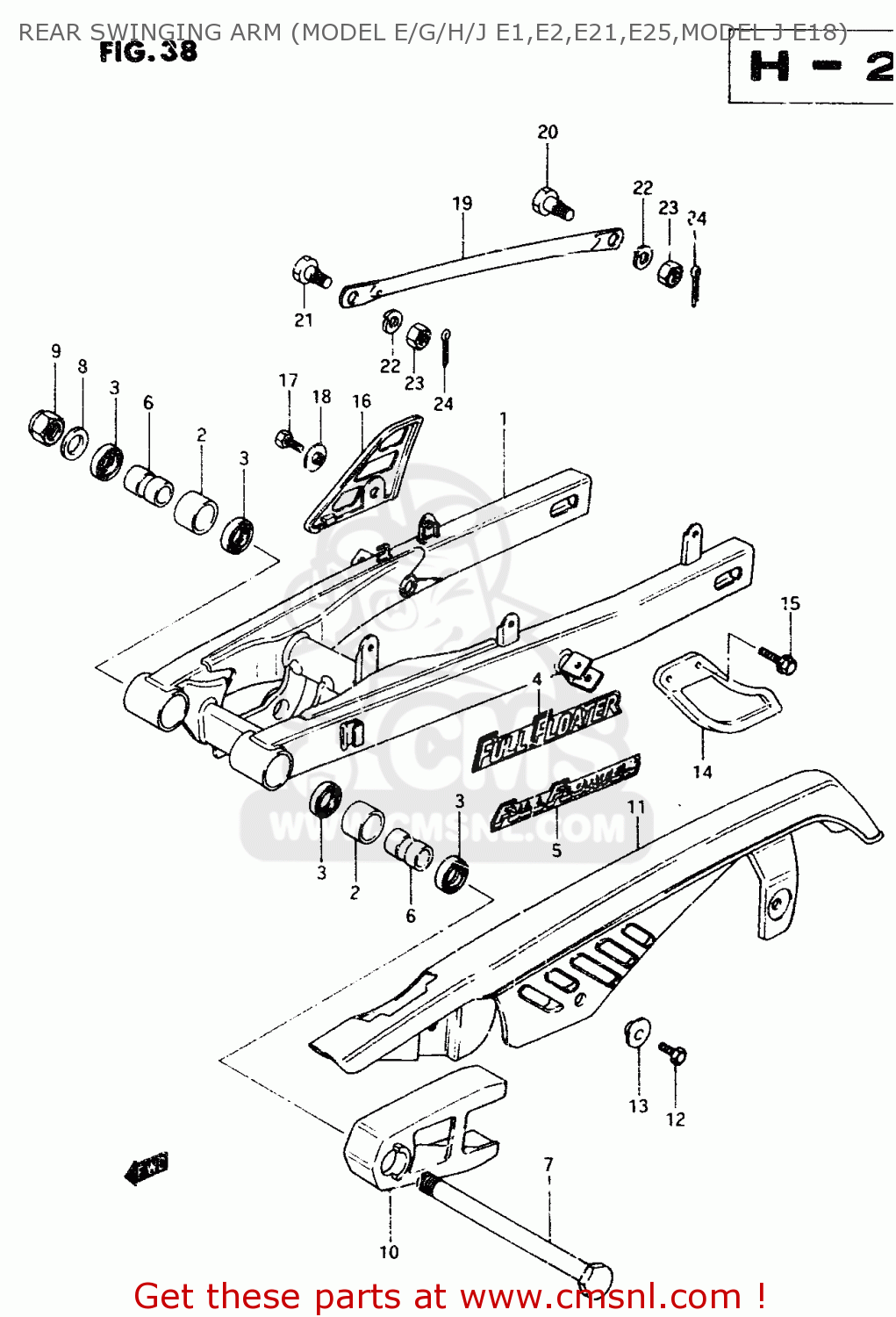 REAR SWINGING ARM (MODEL E/G/H/J E1,E2,E21,E25,MODEL J E18) TS50XK 1988 (J) (E01 E02 E16 E18 E21 E25)