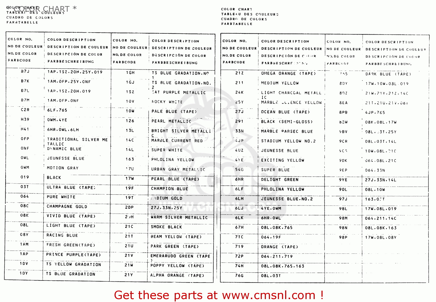 * COLOR CHART * TS50XK 1991 (M) (E01 E02 E16 E17 E18 E21 E22 E25)
