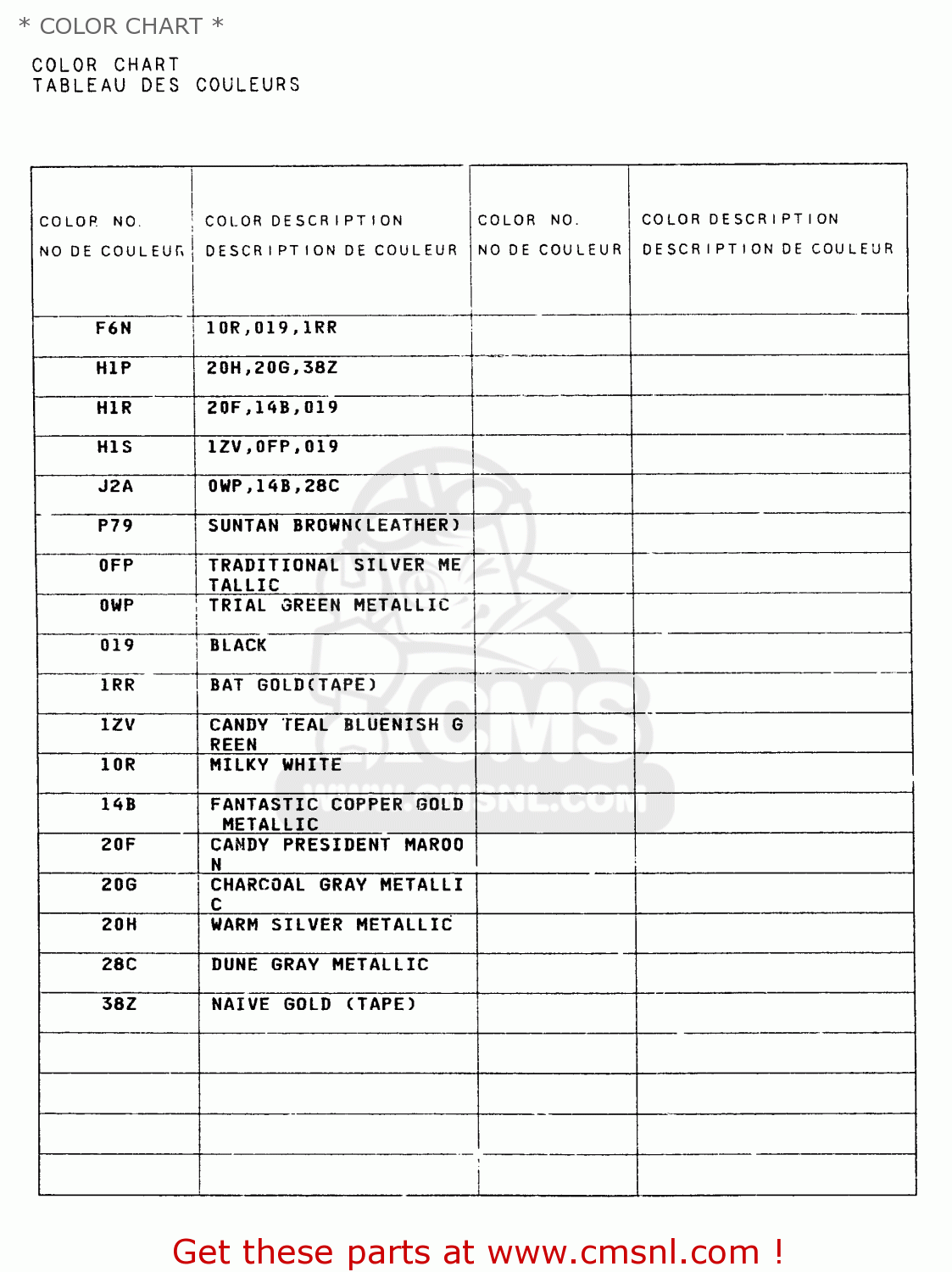 * COLOR CHART * TU250X 1998 (W) (E02 E04 E17 E24 E25 E34 E39)