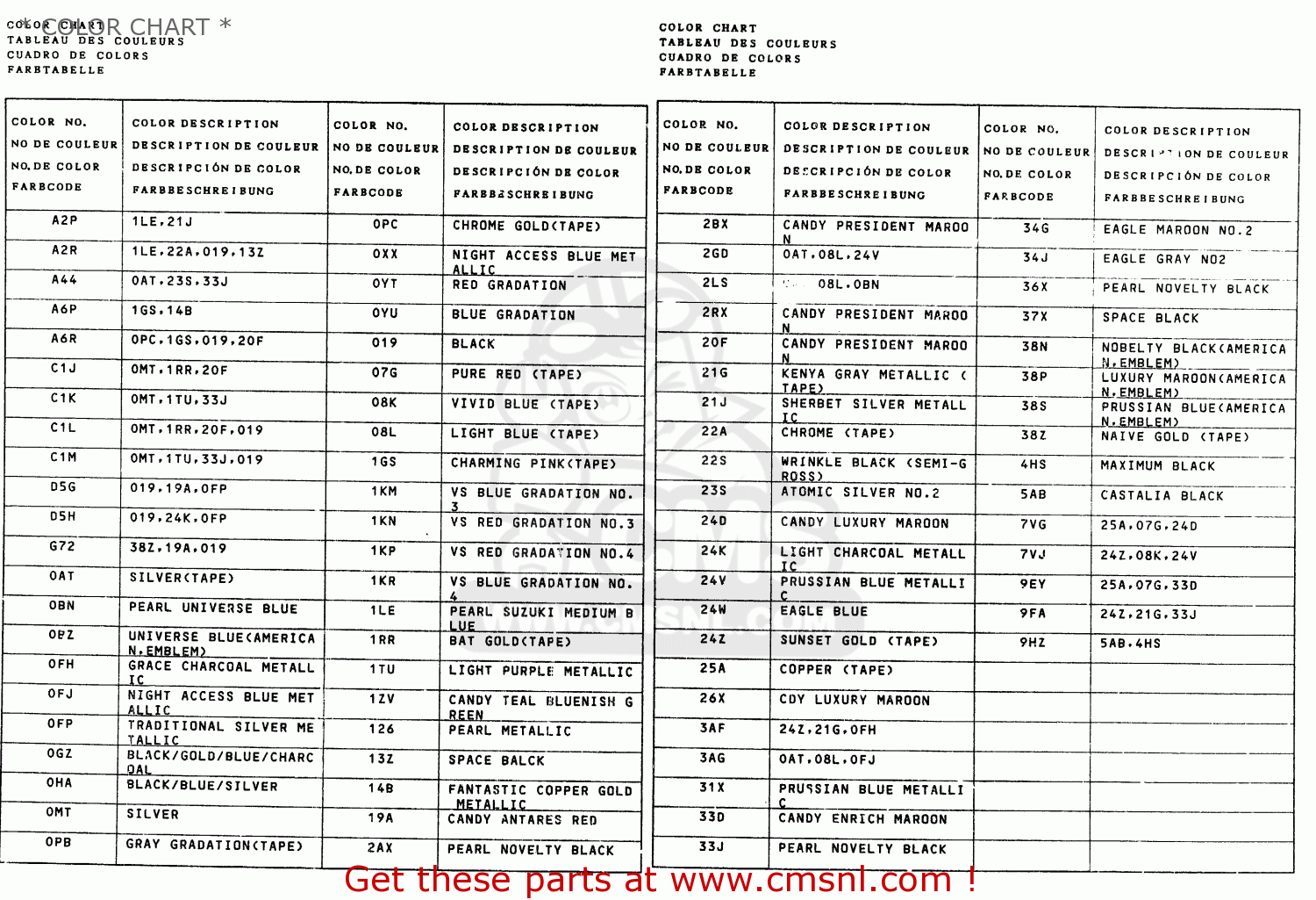 * COLOR CHART * VS1400GLP 1989 (K) (E22)