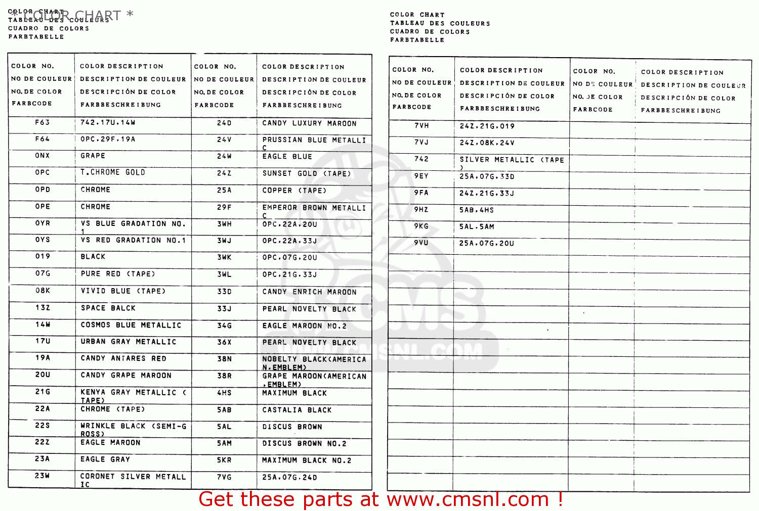 * COLOR CHART * VS750GLF 1990 (L) GENERAL EXPORT (E01)