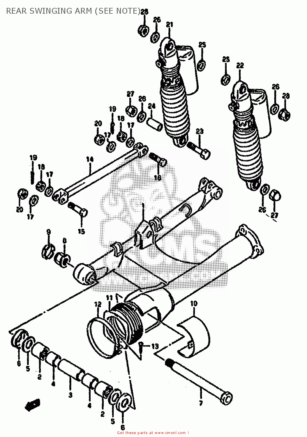 REAR SWINGING ARM (SEE NOTE) VX800 1992 (N) (E01 E02 E04 E15 E16 E17 E18 E21 E22 E24 E25 E34)