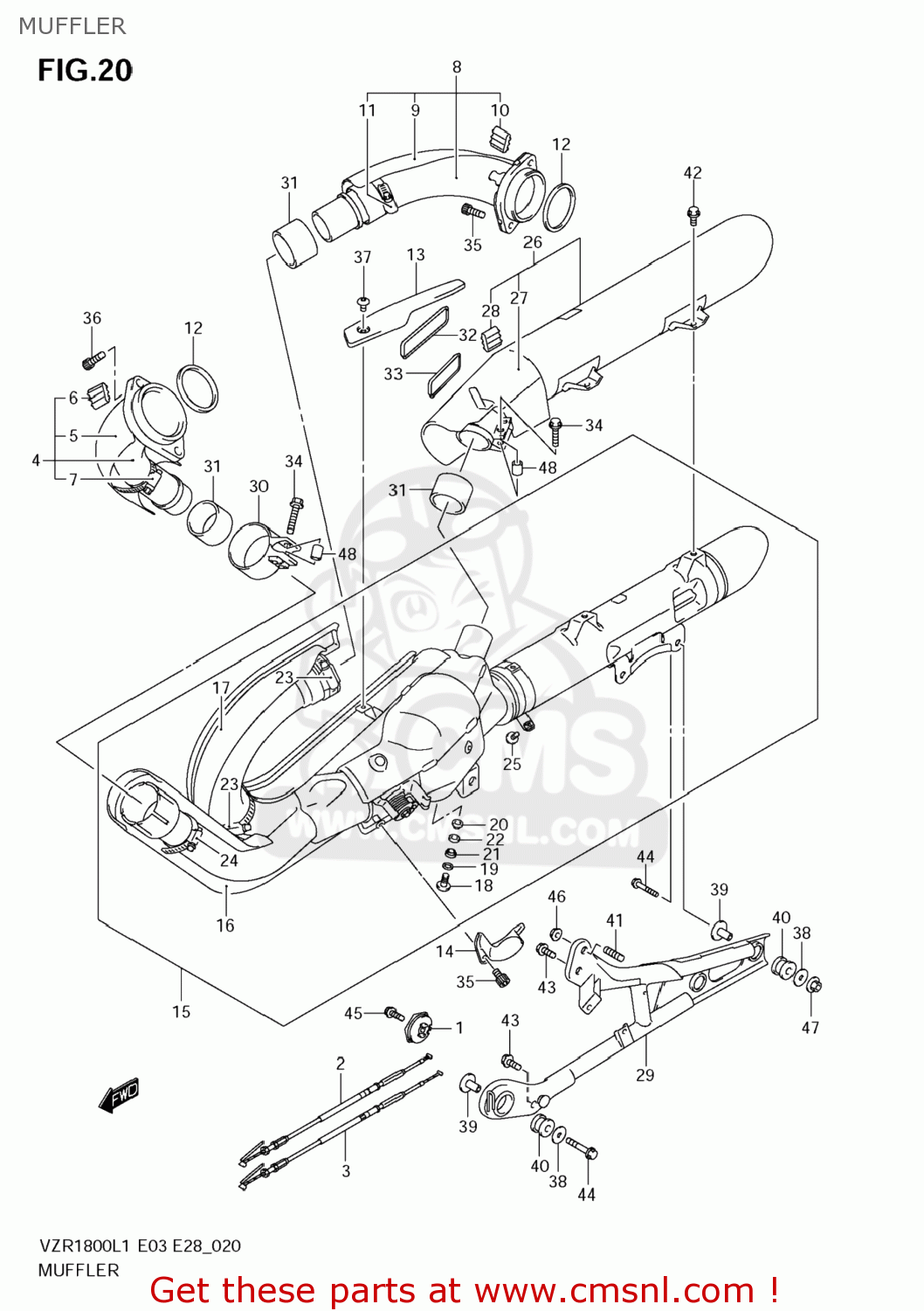 MUFFLER VZR1800 BOULEVARD M109R 2011 (L1) USA CALIFO CANAD (E03 E33 E28)