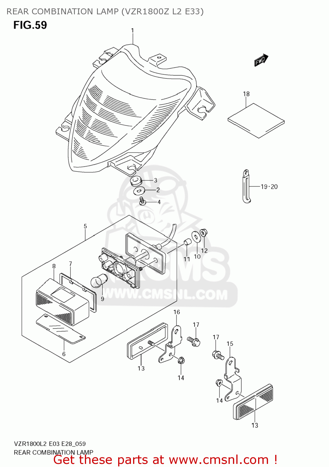 REAR COMBINATION LAMP (VZR1800Z L2 E33) VZR1800Z BOULEVARD M109R 2012 (L2) USA CALIF CANAD (E03 E33 E28)