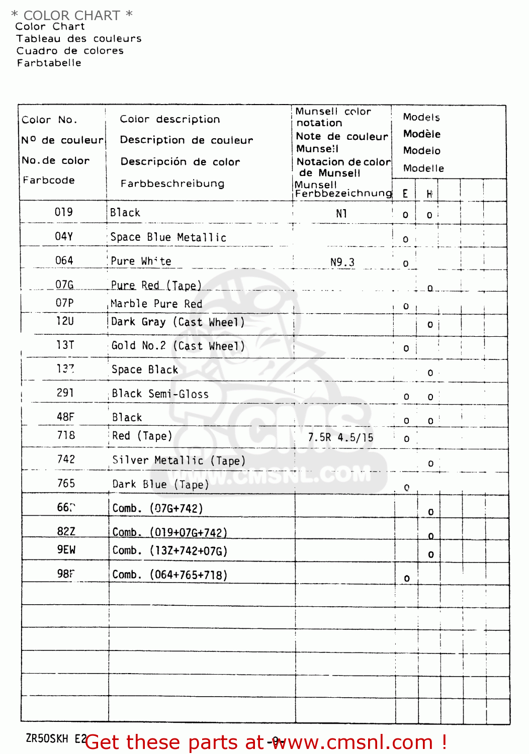 * COLOR CHART * ZR50SK 1987 (H) (E02 E16 E21)
