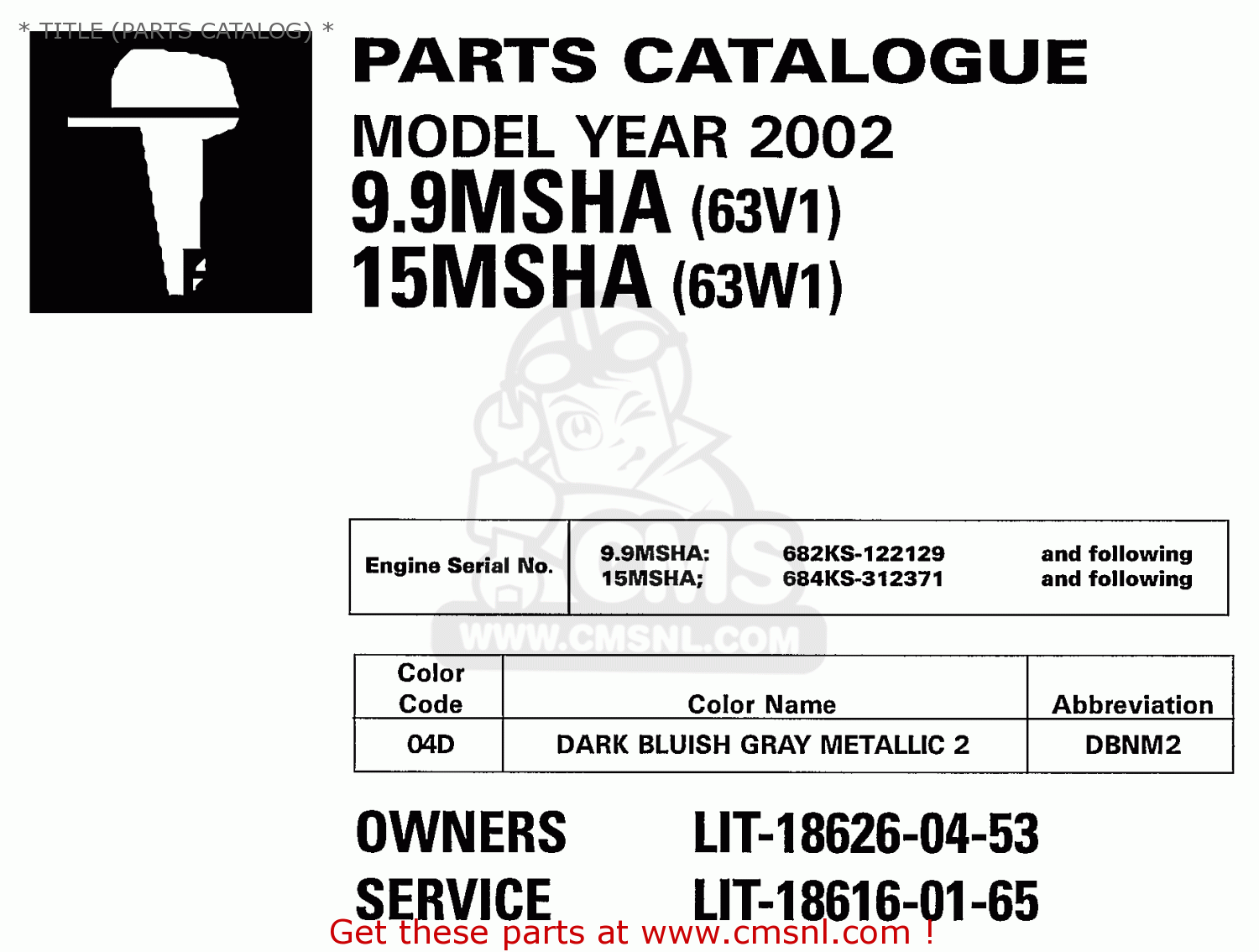 Yamaha 9.9MSHA/15MSHA 2002 * TITLE (PARTS CATALOG) * buy original