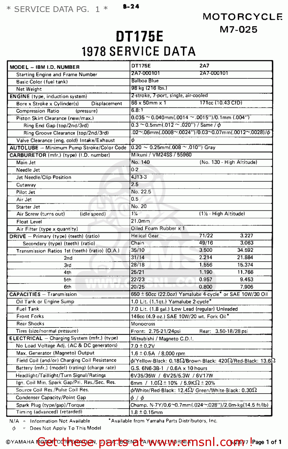 Yamaha DT175 1978 USA parts lists and schematics