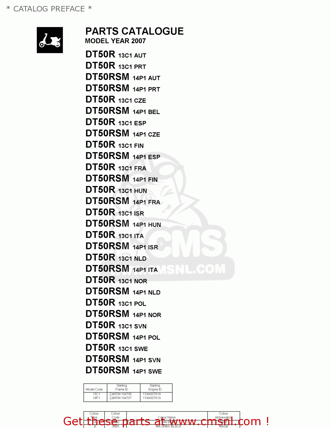 Yamaha DT50R 2007 13C1 ISRAEL 1F13C300S1 * CATALOG PREFACE * buy