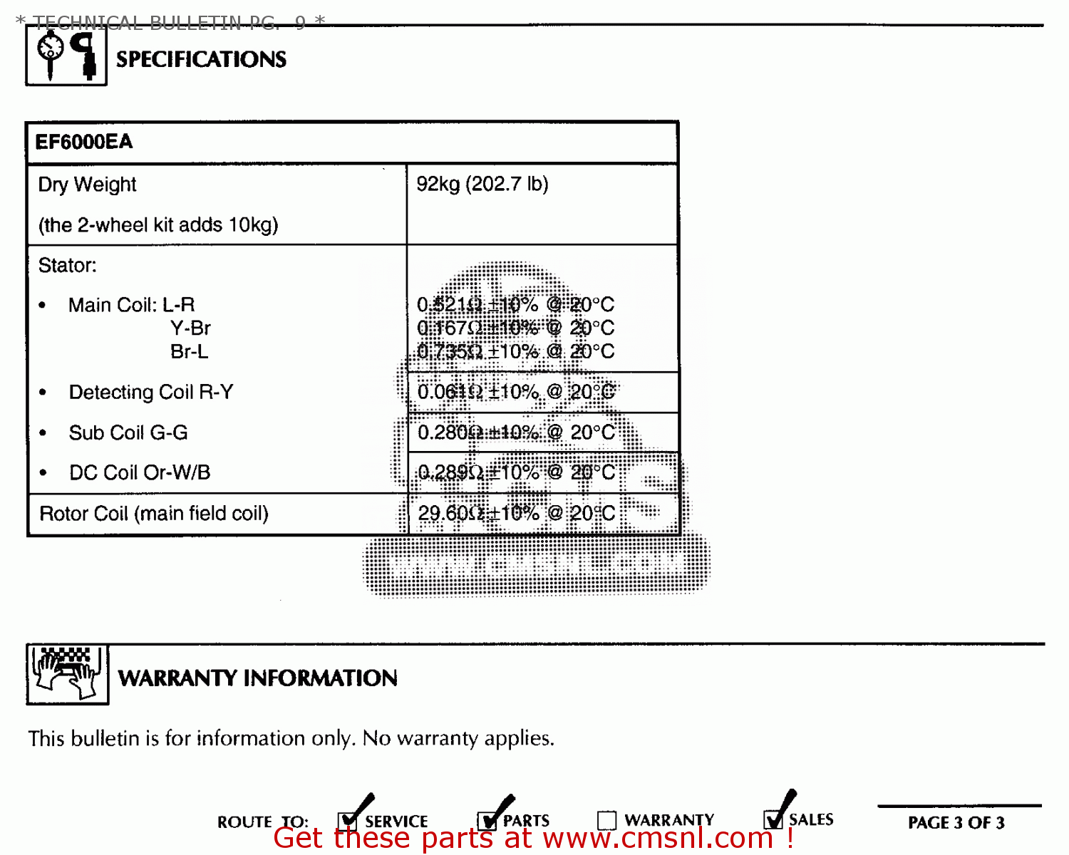 Yamaha EF1000 7FL1 GENERATOR * TECHNICAL BULLETIN PG. 9 * - buy