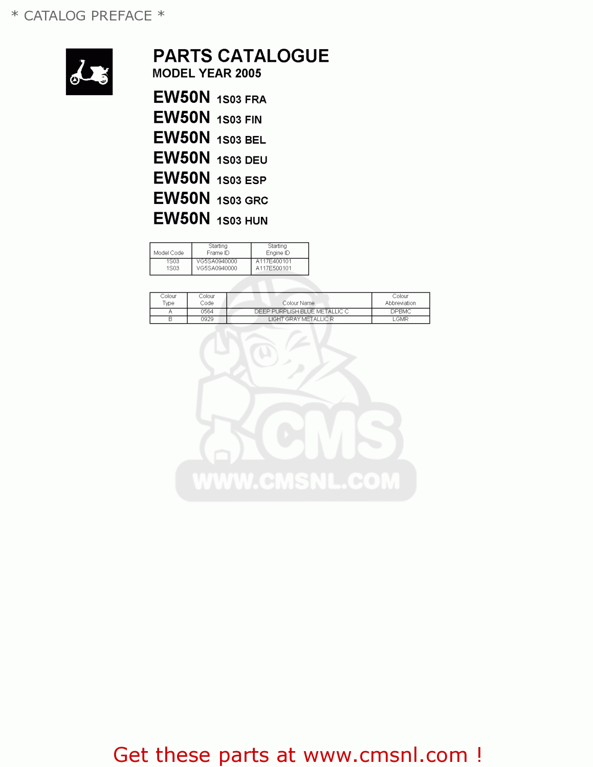 Yamaha EW50N 2005 1S03 BELGIUM 1D1S0300E1 * CATALOG PREFACE * buy