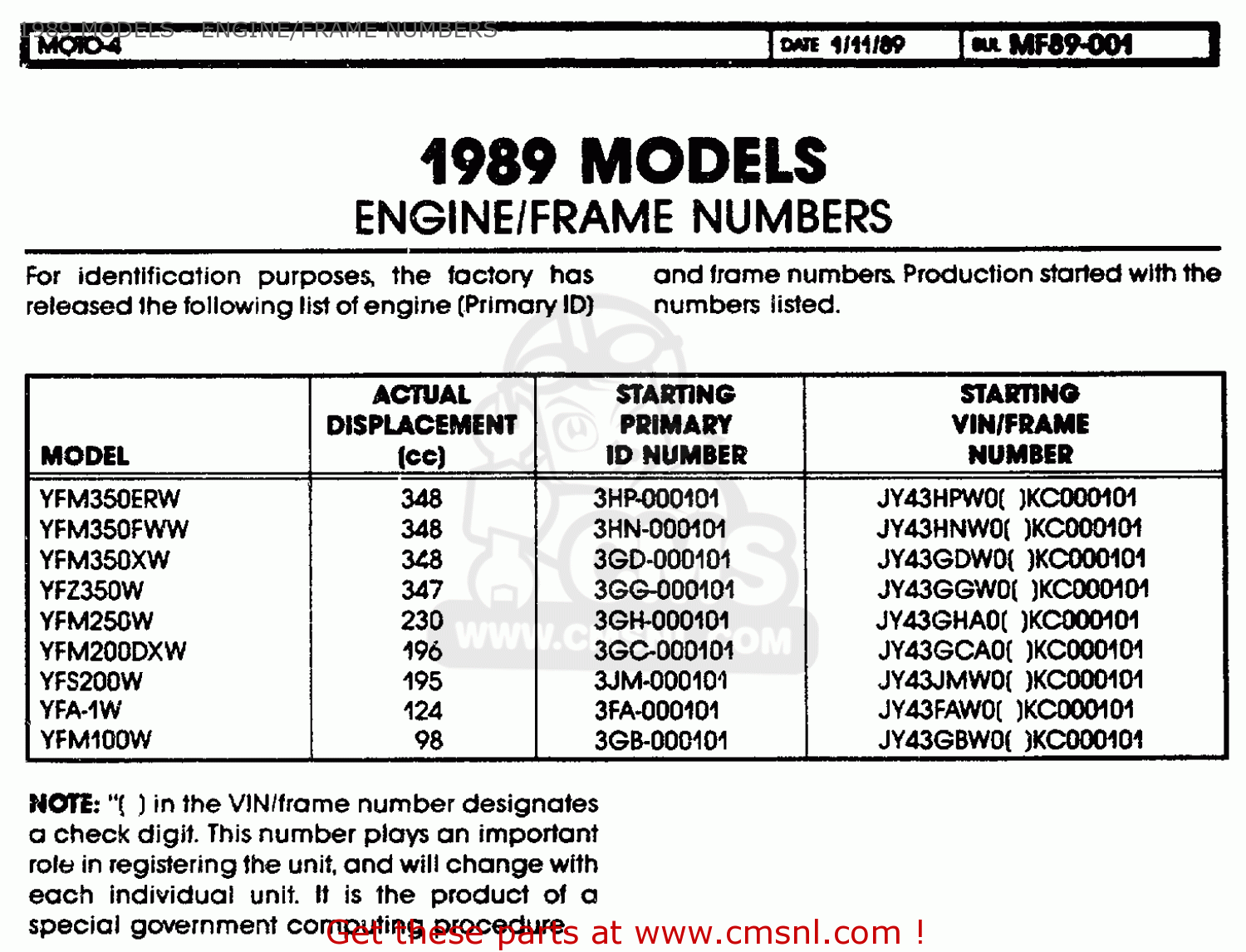 Yamaha PRIMARY ID NUMBERS (USA ONLY) 1988-2000 1989 MODELS - ENGINE ...