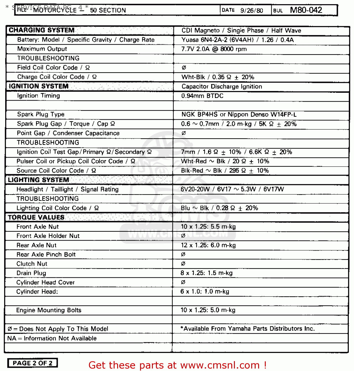 Yamaha QT50 2H 1980/1981 USA * SERVICE DATA PG. 2 * - buy original ...