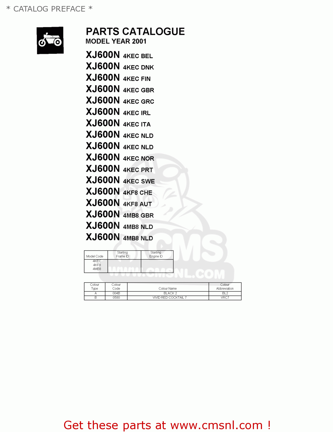 Yamaha XJ600N 2001 4KEC GREECE 114KE-300E1 * CATALOG PREFACE * - buy ...